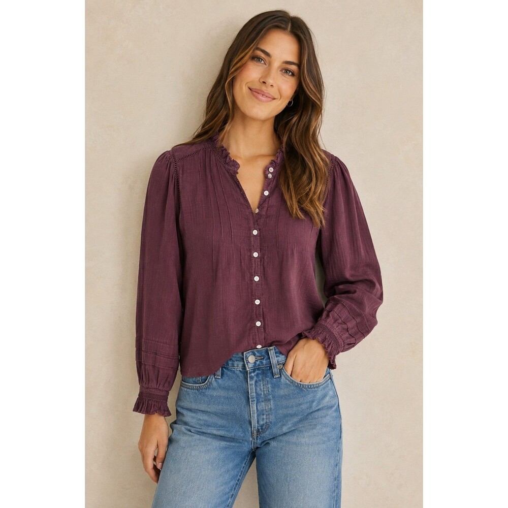 Faherty Willa Top Size S Plum Purple Ruffle Pintuck Button Blouse BohoPeasant